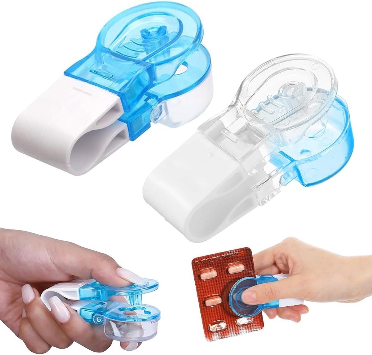2 Stuks Portabele Pillendoosjes, Plastic Pillenverdeler en Extractor voor Kleine Transparante en Blauwe Pastilles 7.5x3 cm