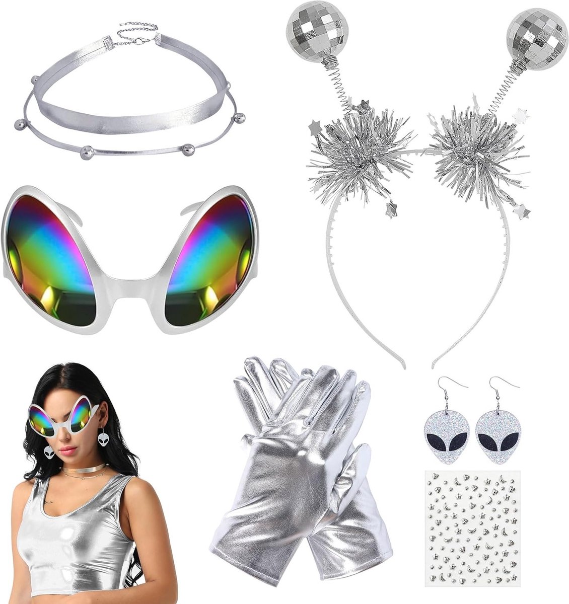 Vrouwelijk Alien Kostuum met 6 Accessoires, Haarband, Oorbellen, Bril, Handschoenen en Strass Stickers voor Carnaval en Maskerade Feest