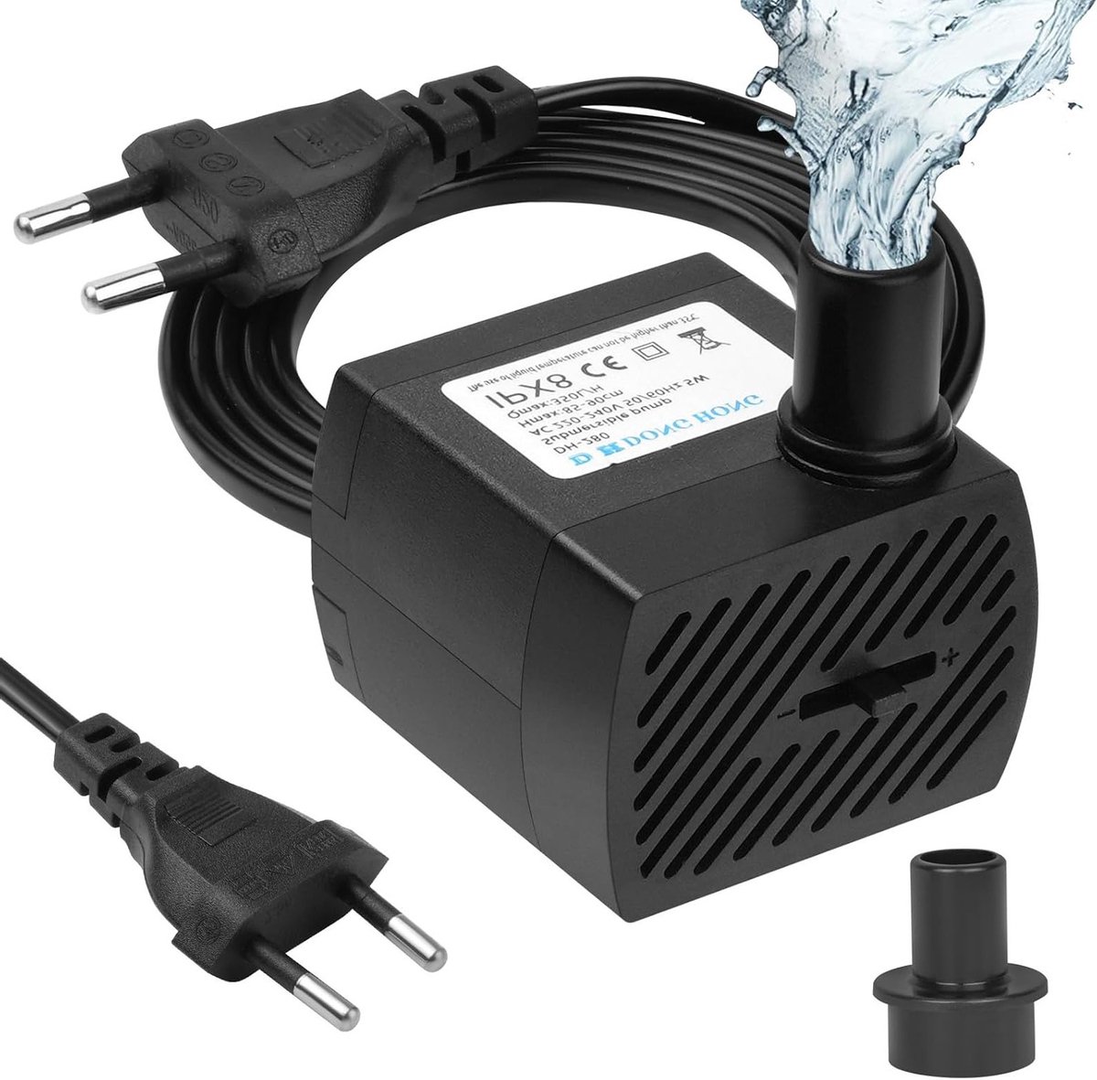 Mini Waterpomp 350 L/h, 5 W - Ultra Stille Aquarium Pomp, Kleine Fonteinpomp met 1.4 m Snoer en 2 Nozzles voor Aquariums, Vijvers en Tuinbeelden