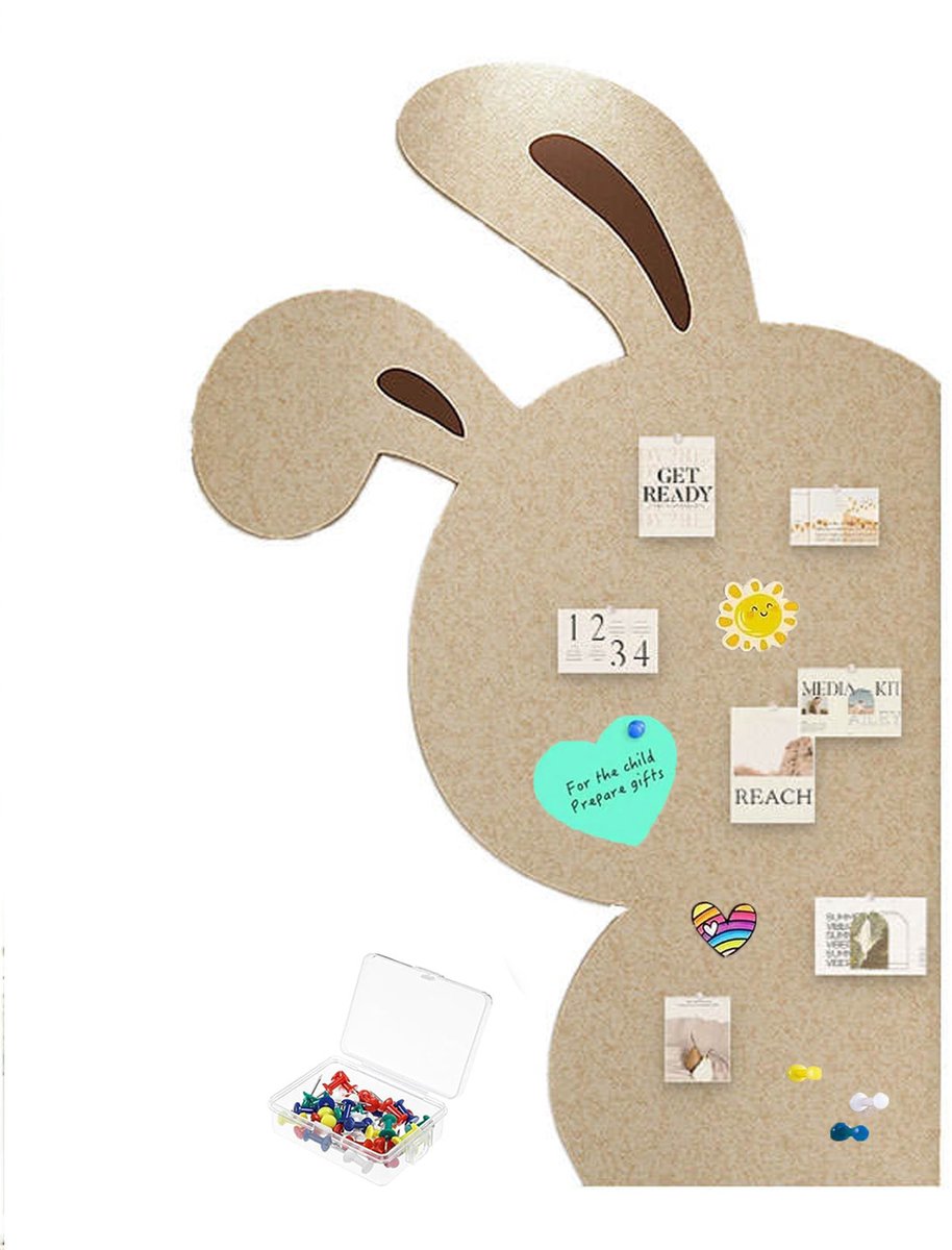 Prikbord van vilt 60 x 90 cm - Schattig konijn prikbord - Memobord met punaises - Voor foto's ophangen - Kinderkamer decoratie voor thuis