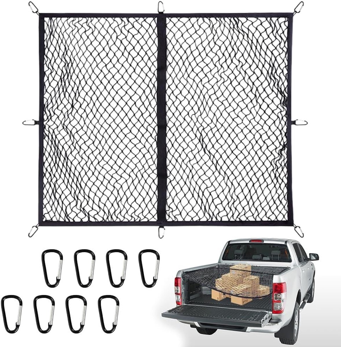 Verstelbare Bagagenet 120 x 120 cm, Uitrekbaar tot 210 x 210 cm, Hoogwaardige Elastische Net voor Organisatie van Bagage, Ideaal voor Auto's en Vrachtwagens met 6 Stalen Karabiners en Scheidingsnet