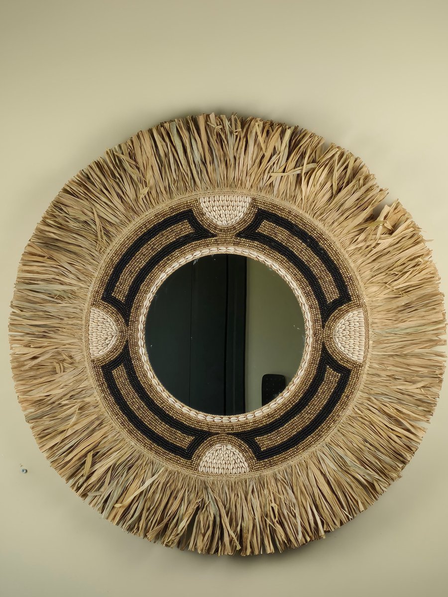 Blitzdeco Wandspiegel - Shawn - Ronde - Beige/Wit/Zwart - Handgemaakt Uniek - 70CM Beige, wit, zwart