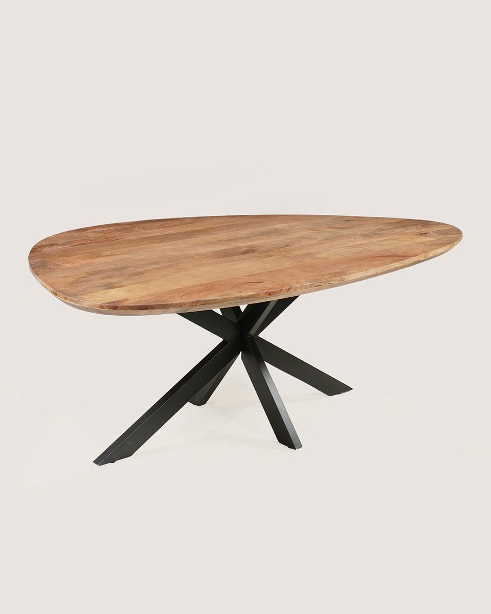 Organische Eettafel 200 cm Mangohout – Bruin – Zwart Metalen Matrix Onderstel – Elegant Chic – 5-6 Personen