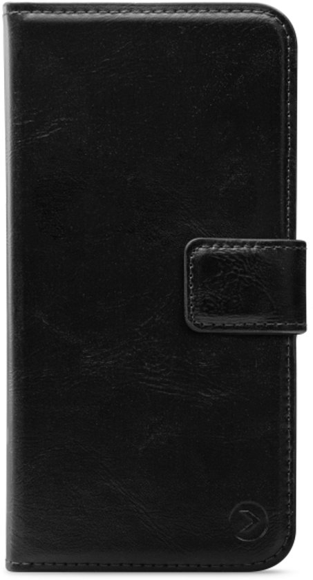 Étui portefeuille noir en cuir avec fermeture magnétique.