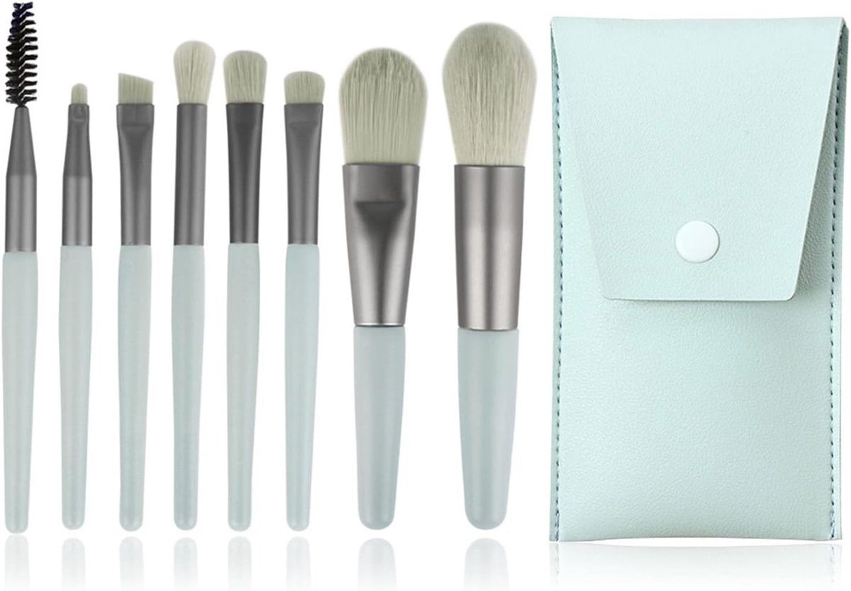 Professionele 8-delige Make-up Kwastenset met Lichtgroen Penseel en Leren Opbergetui