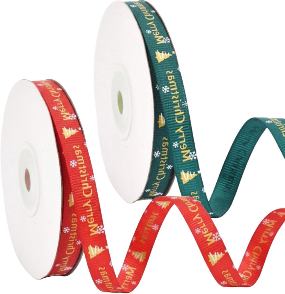 Kerstlint in Rood en Groen - 2 Rollen van 22m met "Merry Christmas" Print - Perfect voor Cadeauverpakking, Kerstdecoratie en Creatieve Projecten