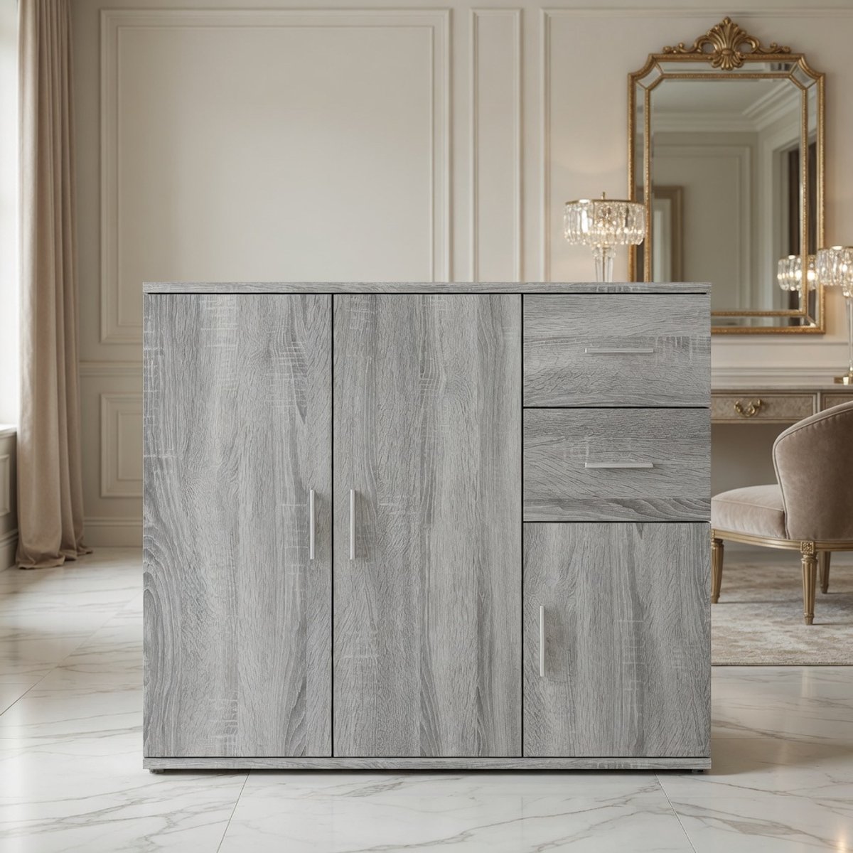 Modern Dressoir / Sideboard Kast 125,5 cm – Mobili Bella Opbergkast met Veel Opbergruimte – Multifunctionele Woonkamer Kast – Sonoma Grijs Houtdecor Design – Tijdloos Dressoir voor Woonkamer, Hal of Keuken