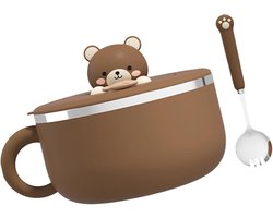 Soep- en noedelkom van 1200 ml met deksel en lepel — Roestvrijstalen ramenkom met handvat en siliconen afdichting — Bruin ontwerp met cartoonbeer