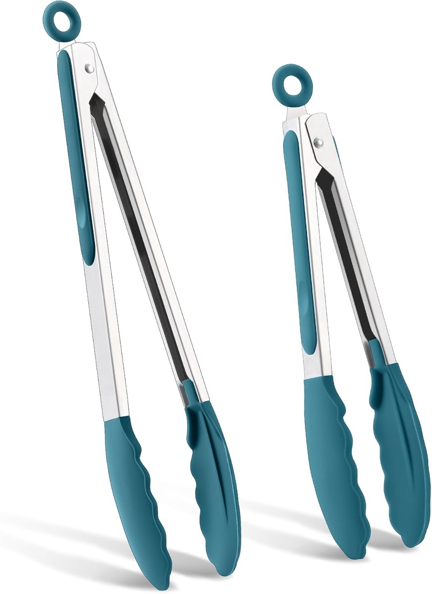 Grilltang, 2 stuks, roestvrij staal, 34 cm en 26 cm, pastamtang met antislip siliconen punten en handgreep, hittebestendige vleestang voor barbecue, koken, bakken - blauw