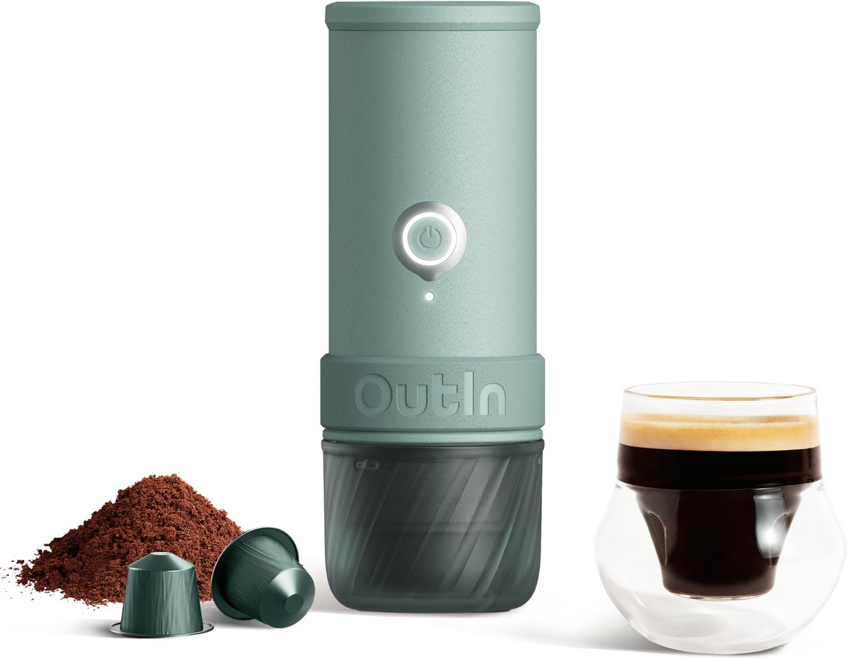OutIn Mino Draagbare Espresso Machine Elektrisch | USB Oplaadbaar | Voor Onderweg En Reizen | Geschikt Voor Cups En Gemalen Koffie | Compact En Oplaadbaar Koffieapparaat
