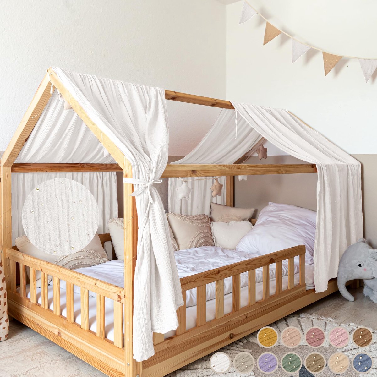 LILIMAUS Huisbed hemeltje met gouden details - bedhemel voor huisbed - 67,5 x 320 cm - mousseline katoen - wit