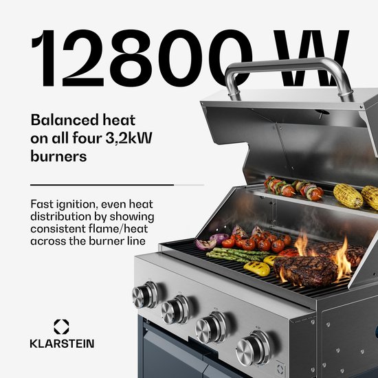 Klarstein WaldChef gasbarbecue 30 mbar - 4 branders BBQ grill 12.800 W, rvs, gietijzeren grillrooster, thermometer, piëzo ontsteking van Merkloos — afbeelding 4