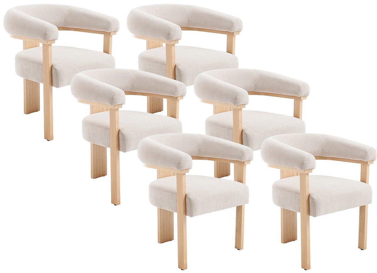 Vente-unique Set van 6 stoelen met armleuningen van ribfluweel en natuurlijk rubberhout - Beige - LIVELIA