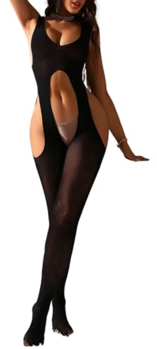 Vrouwen bodysuit met open design, elastische mesh lingerie in zwart
