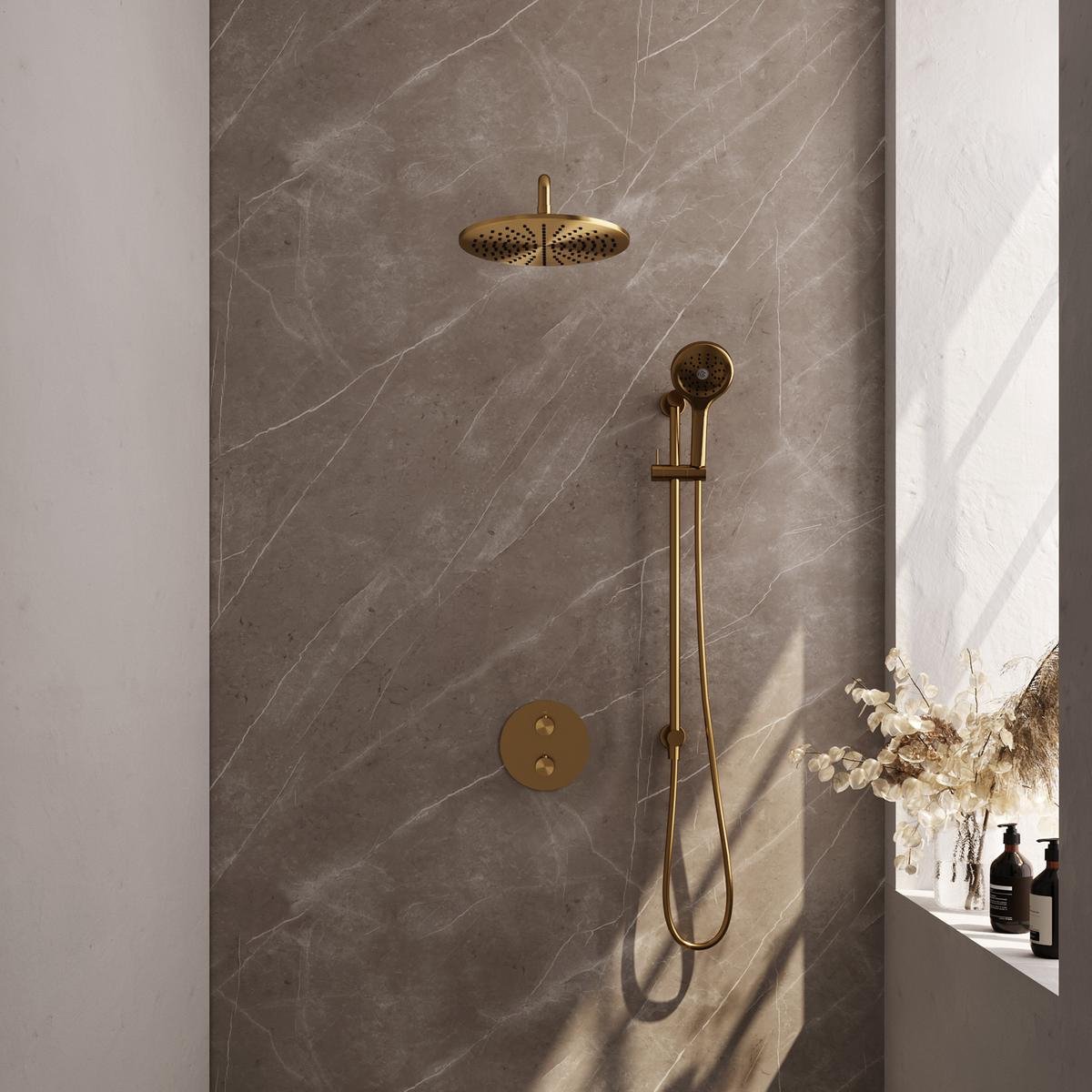 Brauer Gold Edition Thermostatische Regendoucheset Inbouw - Hoofddouche 30 cm - Gebogen Wandarm - 3 Weg - Handdouche Rond 3 Standen - Doucheslang - Geintegreerde Glijstang - Geborsteld Goud