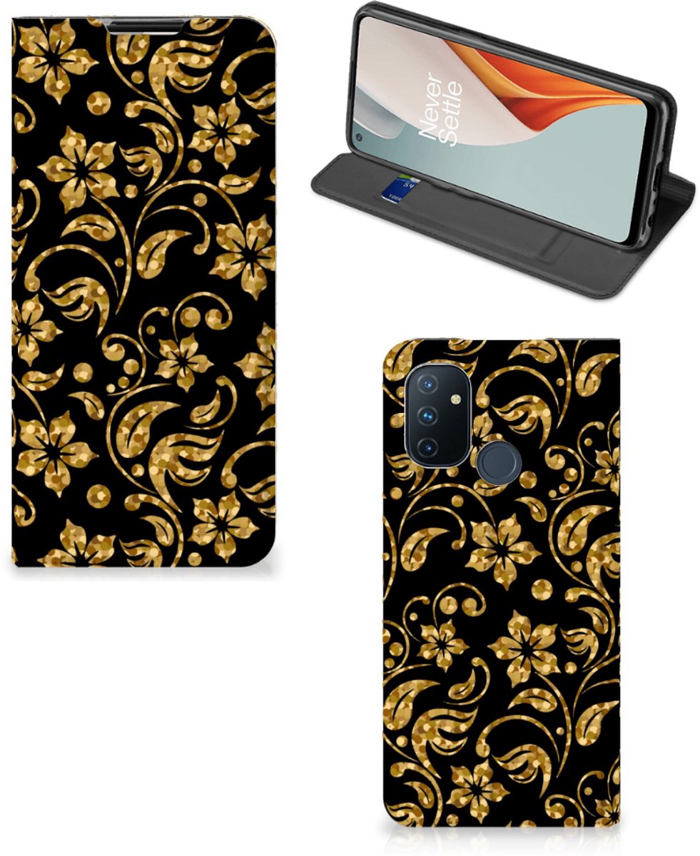 Book Case voor OnePlus Nord N100 Smart Cover Gouden Bloemen