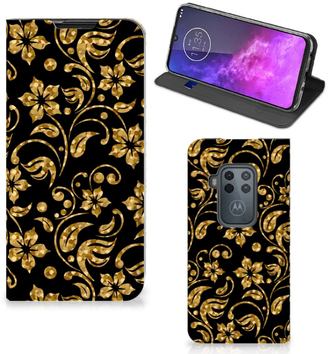 Book Case voor Motorola One Zoom Smart Cover Gouden Bloemen