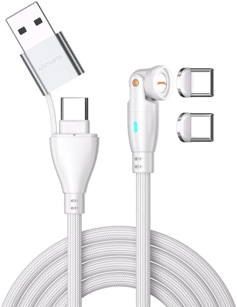 4smarts USB-C/USB-A naar USB-C 100W Magnetische Oplaad Kabel PD 1.8 Meter Wit