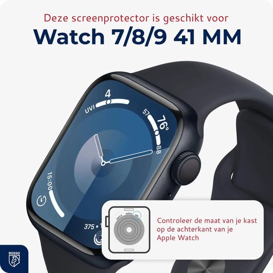 Close-up van een Apple Watch 7/8/9 41 MM met een screenprotector en een pop-up die de kastmaat toont.
