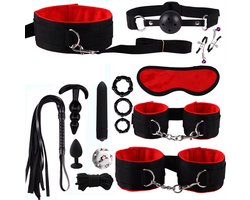 15-delige BDSM Sex Speeltjes Set - Erotische Bondage Set met Vibrator, Handboeien, Buttplugs, Zweep, en Meer - Volwassen Speelgoed voor BDSM Spelletjes en Intiem Spel - Rood