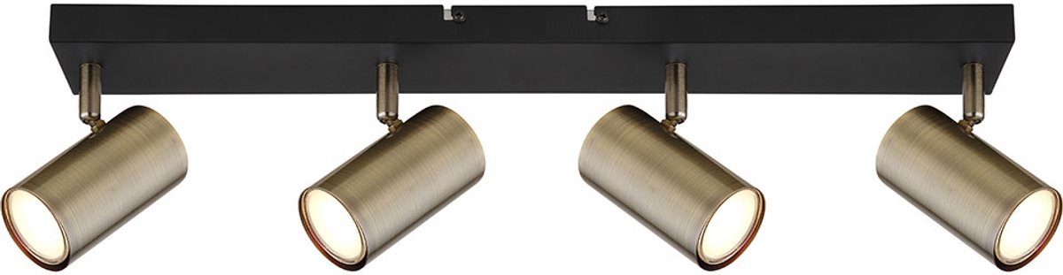 Plafondlamp 4 vlammen beweegbare spot zwart met verstelbare spots, metaal antiek messing, 4x GU10 stopcontact, LxBxH 56x6x12 cm