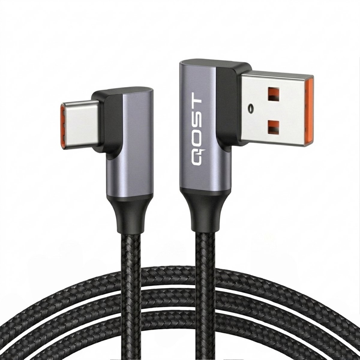 Image of Qost - USB C Kabel - 90 Graden - USB C naar USB A - USB 3.2 - Snellader - Oplader - Oplaadkabel - L shape - Gevlochten Nylon - 2 Meter - Spacegrey