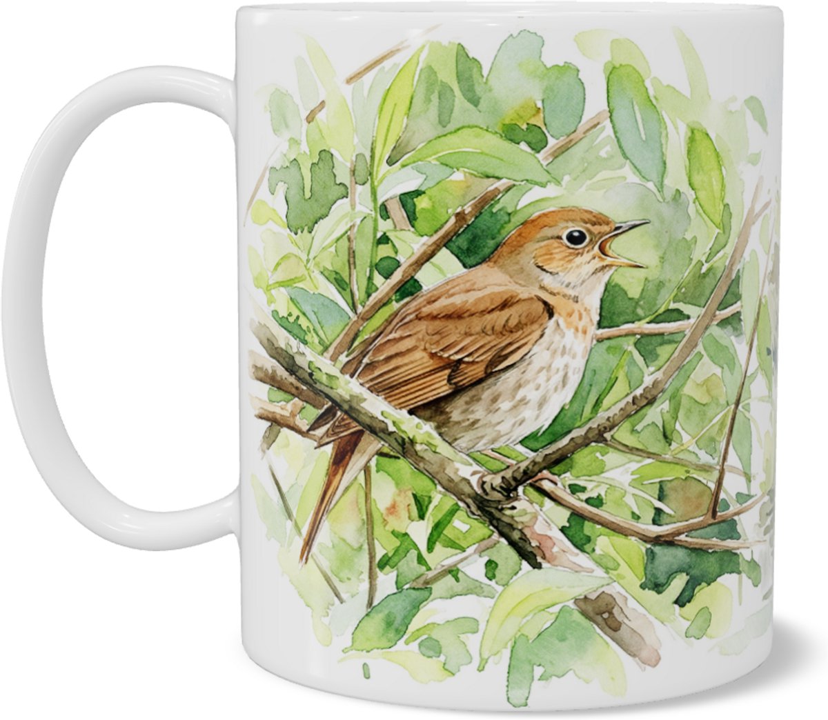 Mok met Noordse nachtegaal (Luscinia luscinia) zingend - Aquarel Series illustratie van vogel bij water en molen - Prachtig cadeau voor natuurliefhebber en vogelaar - Sfeervolle koffiemok voor de thuiswerkplek