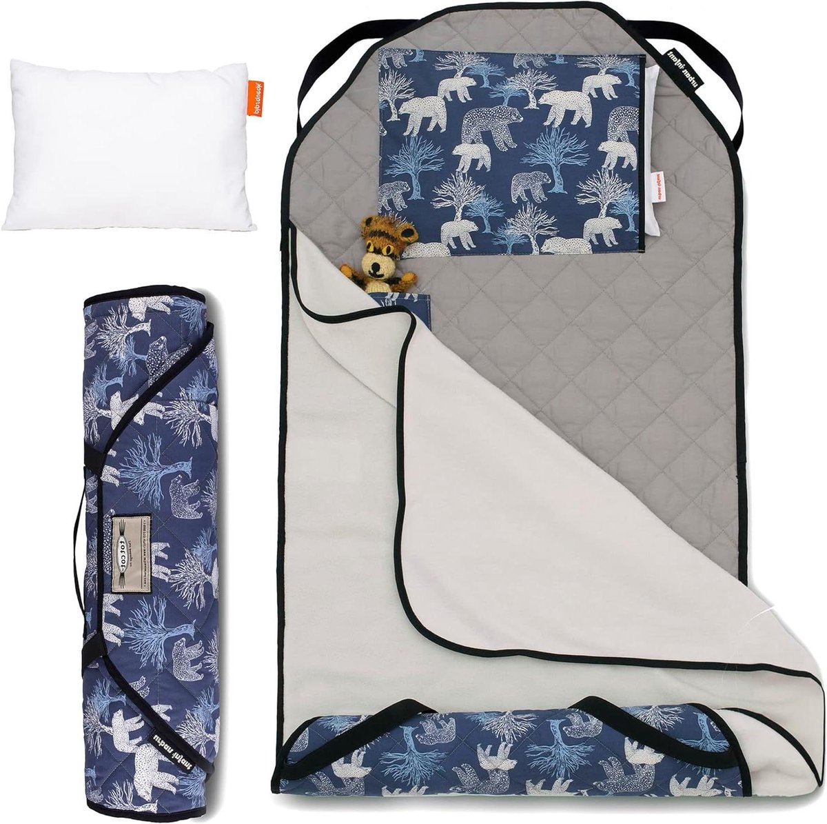 Kinder Slaapmat - Peuter Mat - Kinderdagverblijf Slaap - Met Dekentje en Kussen - 56 x 133 cm - Berenprint