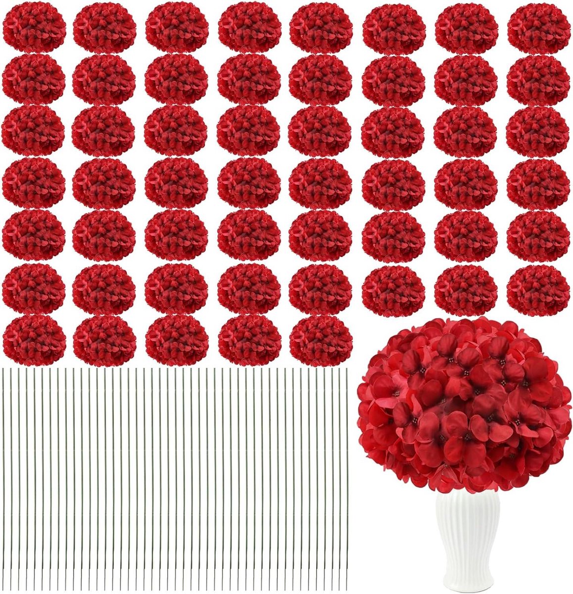 Zijden Hortensia Bloemhoofden - Nepbloemen Decoratie - Bruiloft Decoratie - Onderhoudsarm Realistisch - 104 stuks - Rood