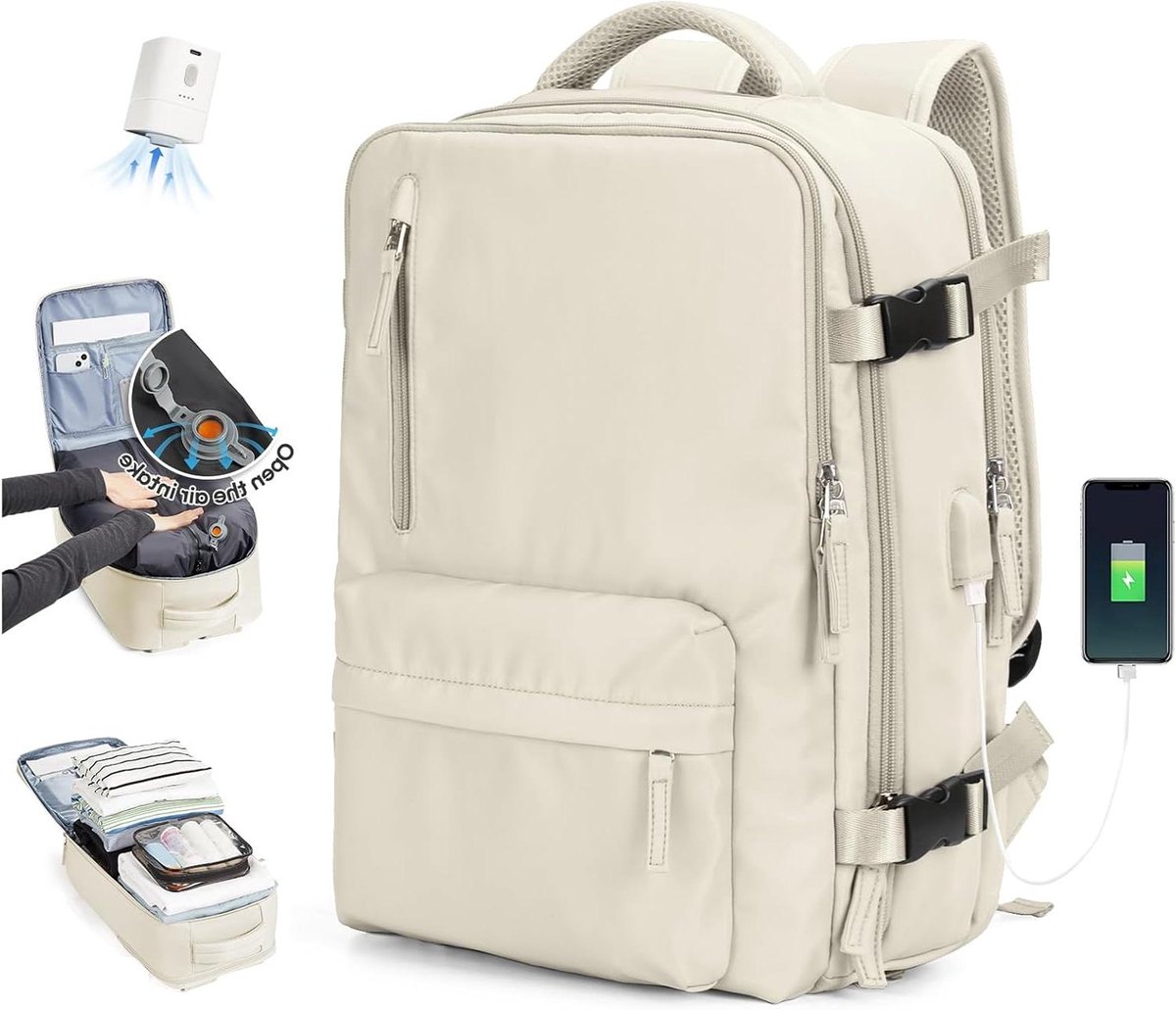 Vacuüm Reisrugzak - Compressie Rugzak - Ruimte Besparen - Ingebouwde Elektrische Pomp - 47cm x 33cm x 20cm - Beige