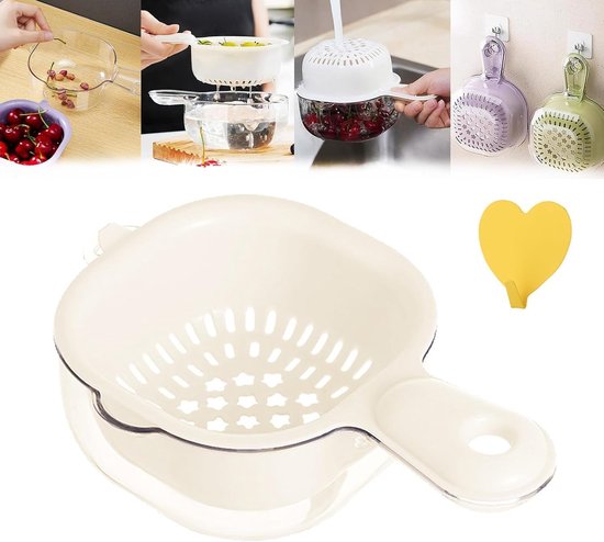 Dubbellaagse afdruiprek - Zeef met handvat - Groente en fruit wassen - Dubbele afvoer ontwerp — afbeelding 2
