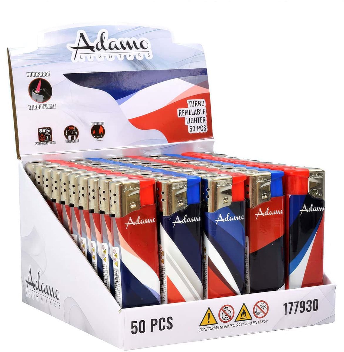 Adamo Elektronische Turbo Aanstekers "Elegant" Display (50 stuks)