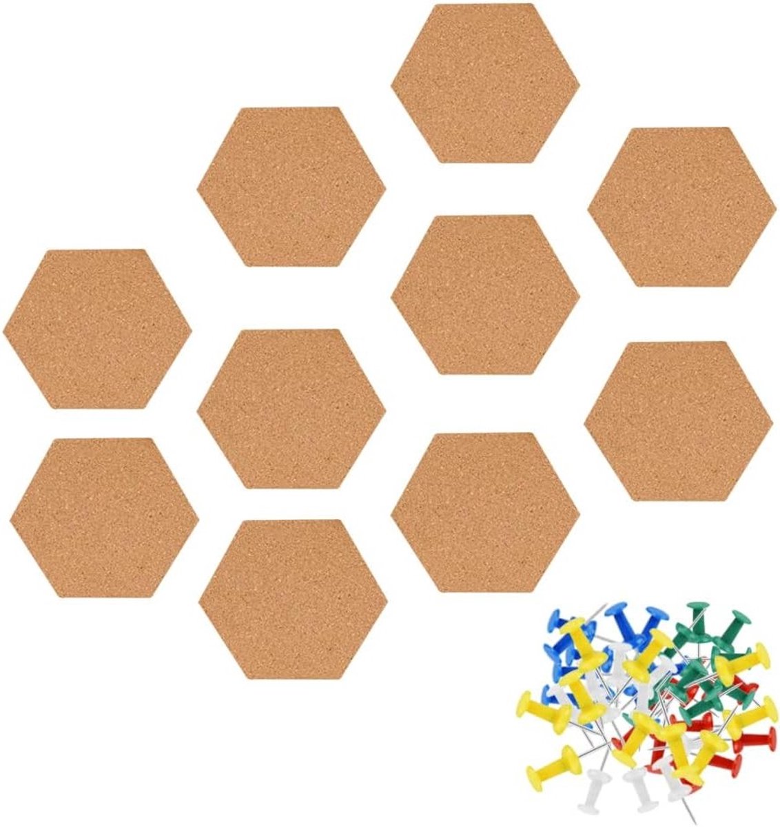 Hexagonaal Korken Prikbord Zelfklevend voor Muurdecoratie met 50 Duimspijkers - Creatief en Functioneel Accessoire voor Thuis en Kantoor