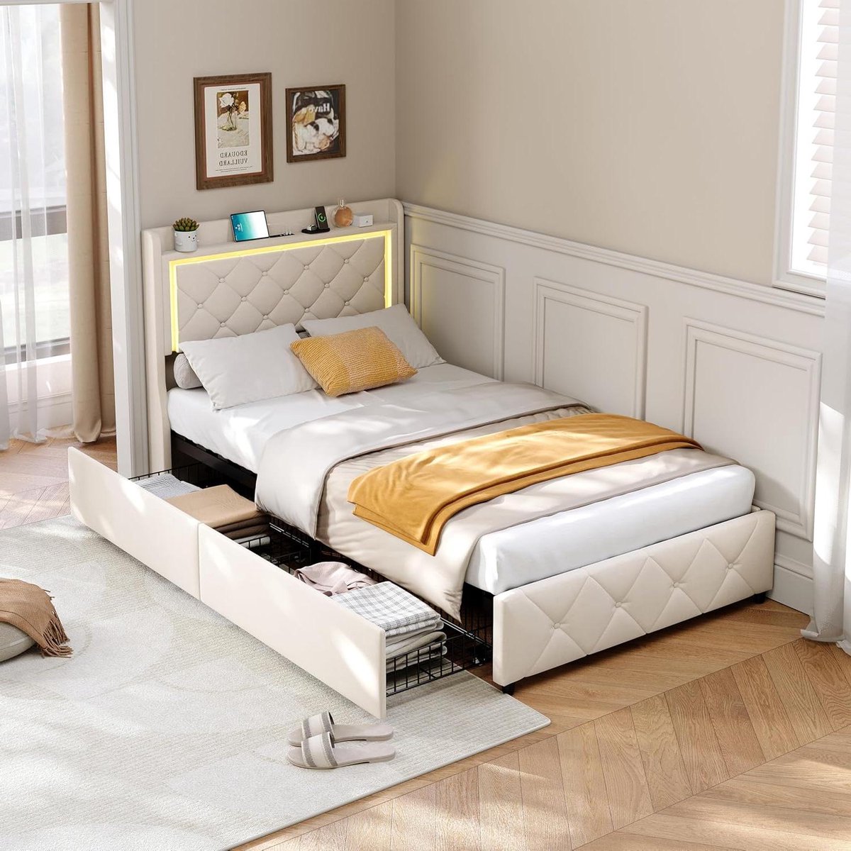 Eenpersoonsbed met laden - Kinderbed Jongensmeisjes - Moderne slaapkamer inrichting - Geïntegreerde USB-poorten - 90 x 200 cm - Beige