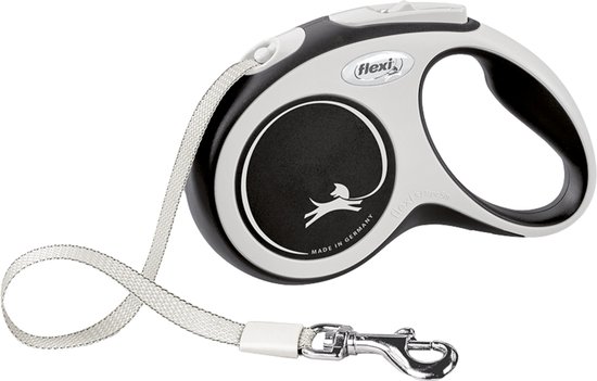 Roulette Flexi noire avec accents blancs et un ruban argenté de 5 mètres.