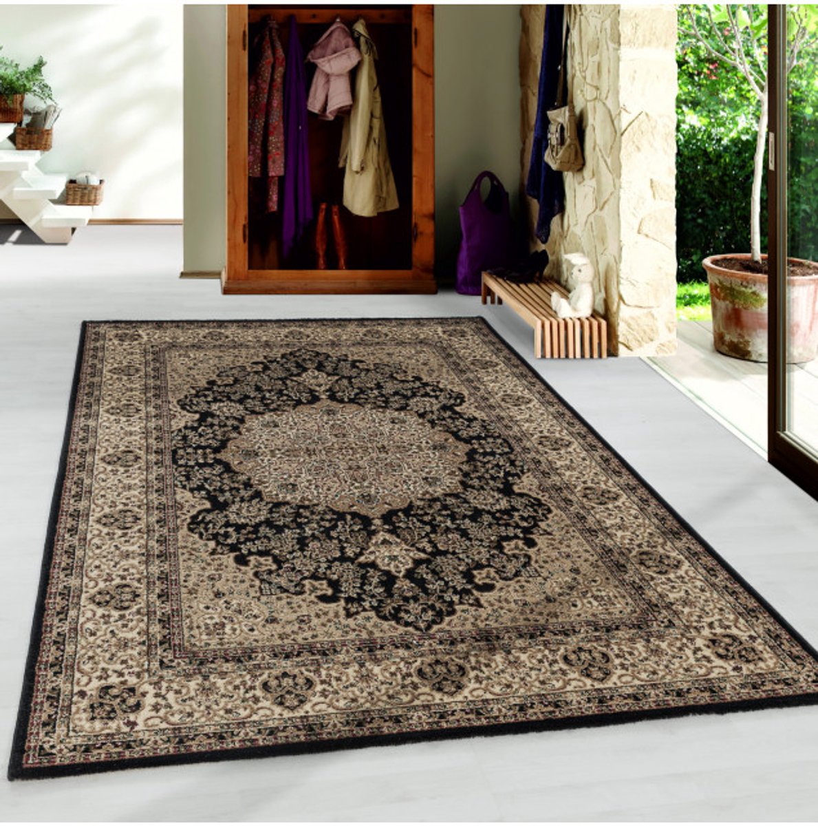 TapisTrend Oosters tapijt Zwart 80x150 cm Oosterse laagpolige woonkamertapijt, antiek patroon, dwergtapijt