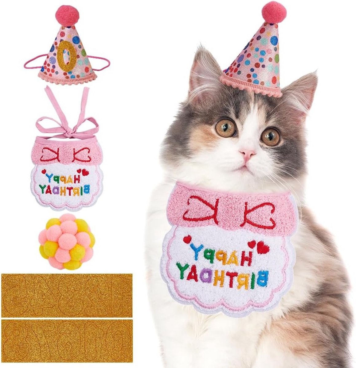 Verjaardagsfeestje benodigdheden voor honden en katten, roze outfit met bandana, slabbetje, hoed en speelgoed voor huisdieren