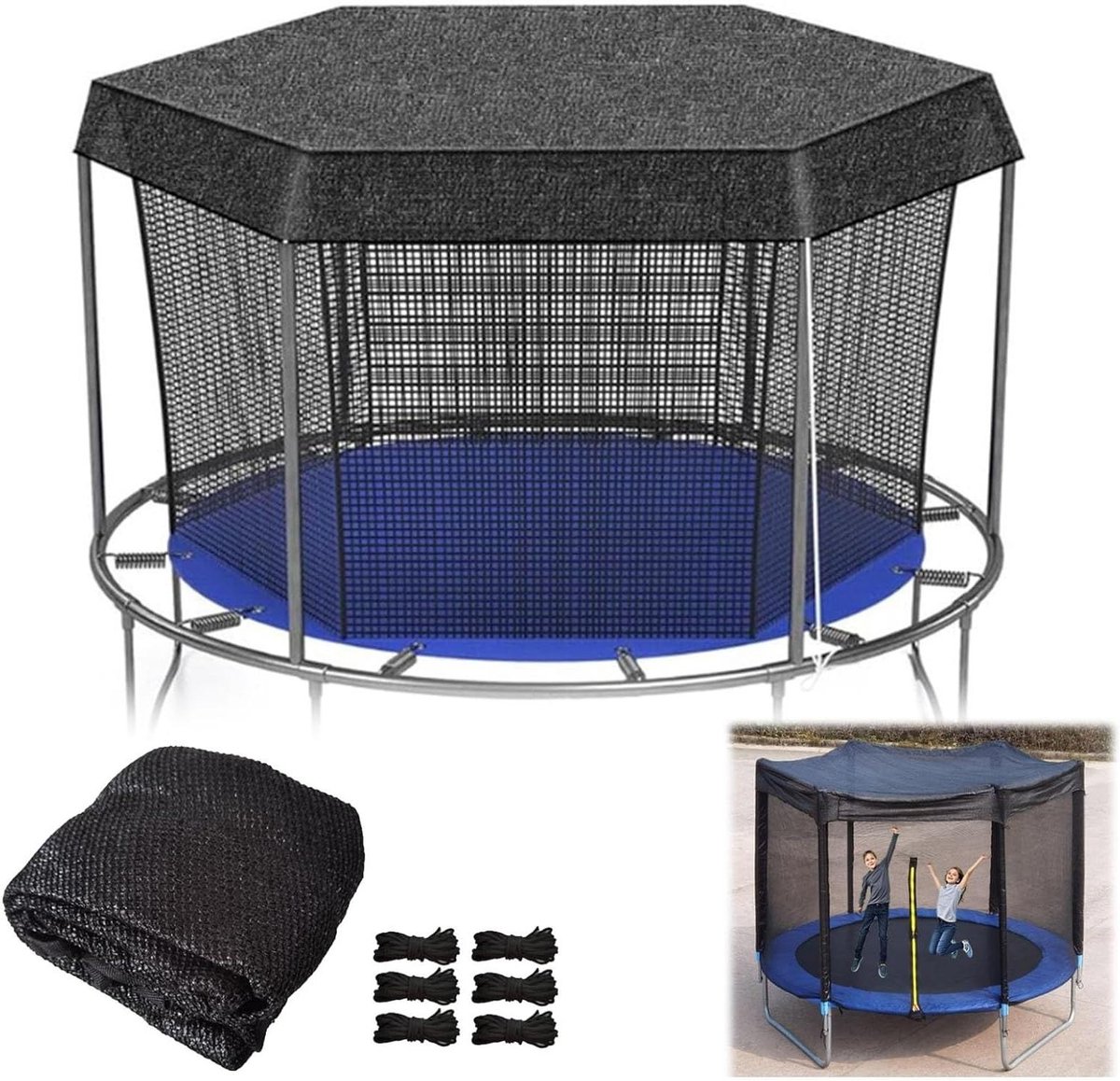 Trampolinehoes Achthoekig - Trampoline Schaduwdoek - Bescherming Tegen Zon - Zonwerende Coating - 12FT-6 - Zwart