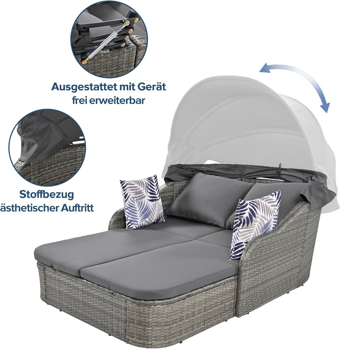Zonne-eiland Lounge -Zonne-eiland loungeset – luxe rotan tuinset met verstelbaar zonnedak – outdoor lounge bank met dikke kussens en afneembare hoezen – weerbestendige tuinmeubelen 2–3 personen (grijs) – abtkantoor