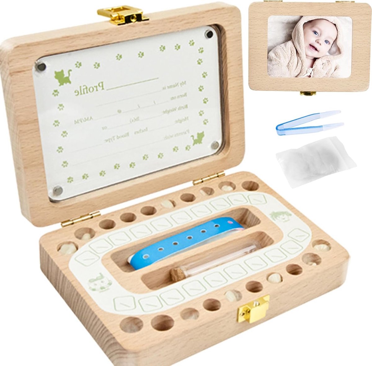 Baby Tanddoos met Fotolijst, Opslagzak voor Melktanden, Verjaardagscadeau en Doopgeschenk voor Jongens en Meisjes, Ideaal voor Herinneringen en Tanden bewaren