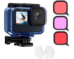 Waterdichte behuizing geschikt voor GoPro Hero13/12/11/10/9 actiecamera’s met duikfilter, onderwaterbescherming inclusief accessoirekit met kleurcorrectielensfilter – Blauw