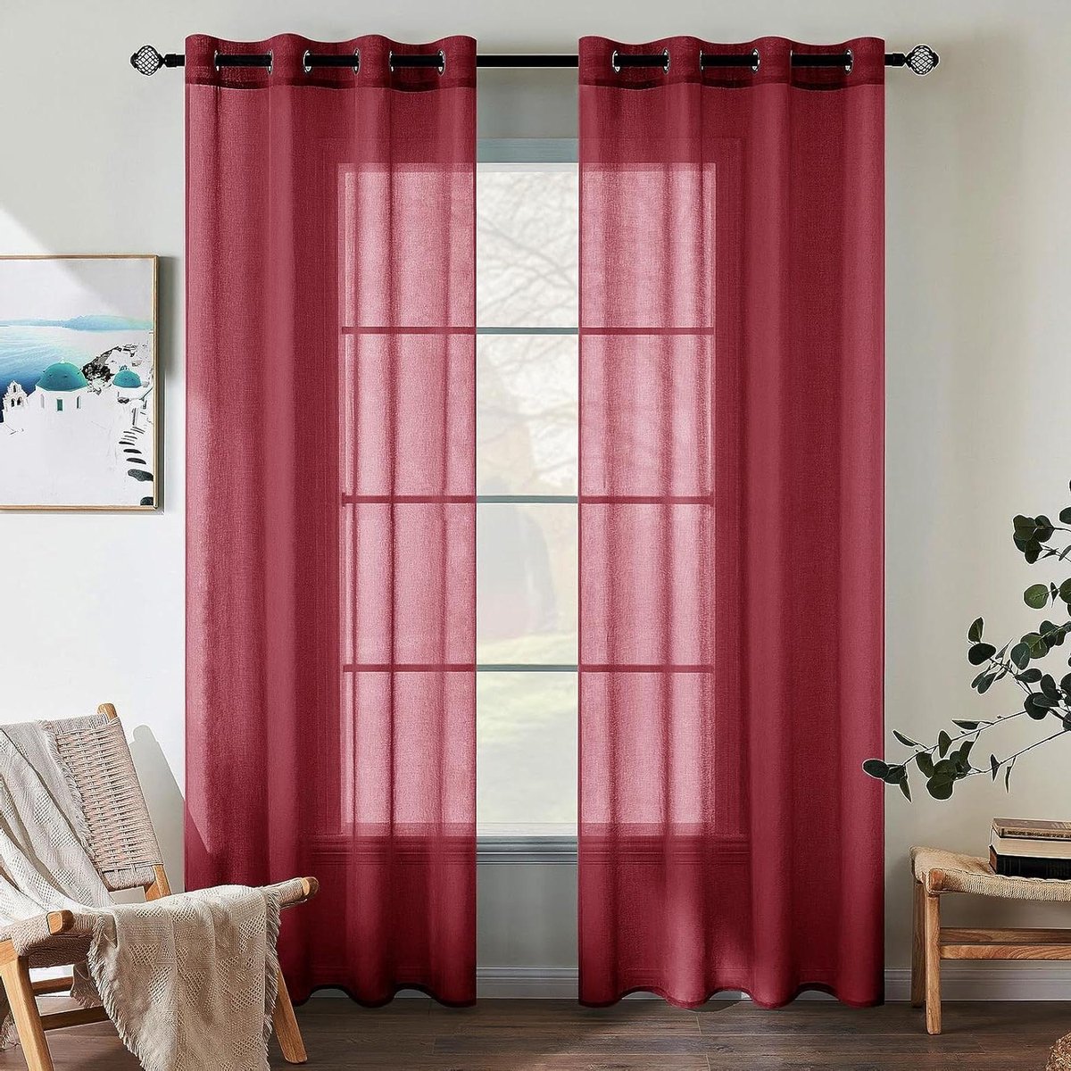 EMEMA Glasgordijn, polyester voilegordijn met ingestanste ringen, transparante vitrage, luchtig, decoratief, voor slaapkamer en woonkamer, set van 2 gordijnen, 140 X 160 cm (b x h), rood
