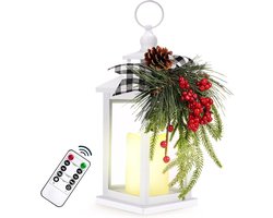 Metalen Kerst Vintage Kaars Lantaarns met Afstandsbediening en Led Licht, Plaid Lint Decoratieve Hangende Lantaarn voor Indoor Outdoor Decoraties Feestgeschenk, Wit, WOKEISE