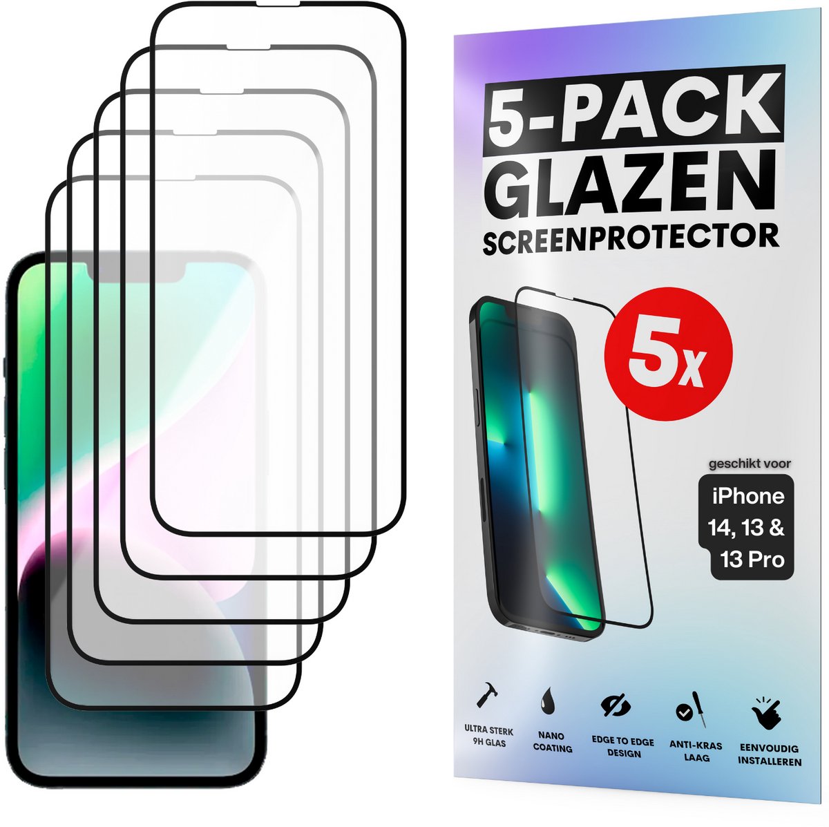 Screenprotector - Geschikt voor iPhone 16E / 14 / 13 / 13 Pro - Gehard Glas - Full Cover Tempered Glass - Case Friendly - 5 Pack