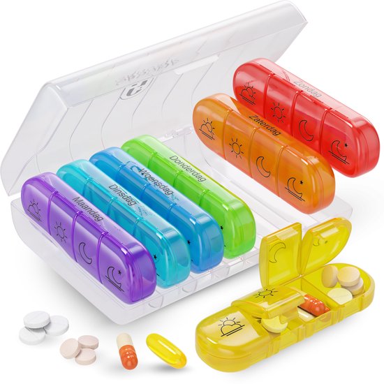 Gandria Pilulier 7 Jours - Pilulier Amovible - Boîte à Médicaments avec 28 Compartiments - Boîte à Médicaments avec Fermeture Robuste - 4 Compartiments par Jour - 7 Couleurs