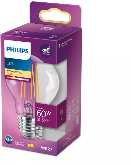 Philips LED lamp verpakking, warm wit 2700K, 60W, E27