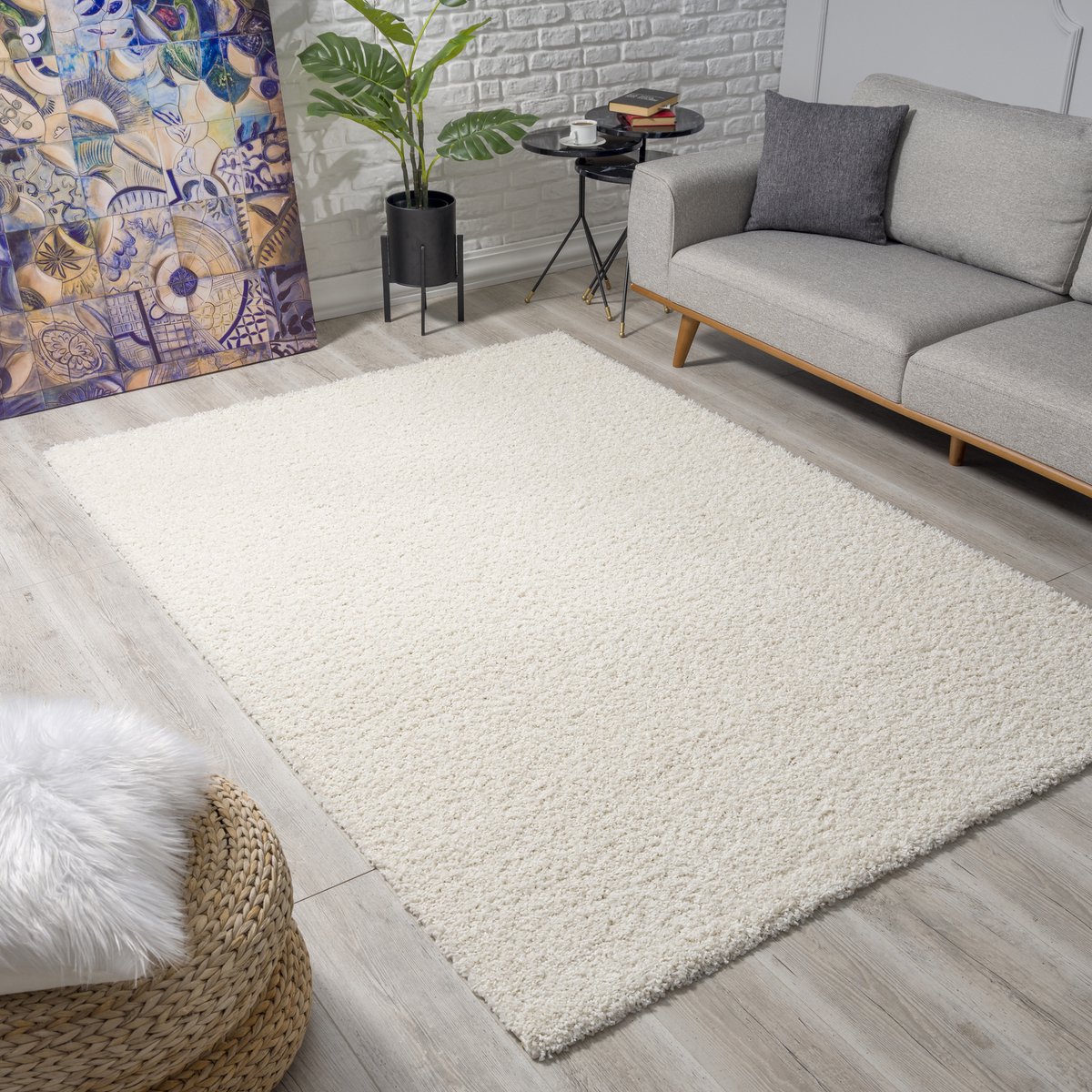 Loca Shaggy Vloerkleed – Modern Uni Effen – Creme Hoogpolig & Zacht- 300x300 CM Vierkant