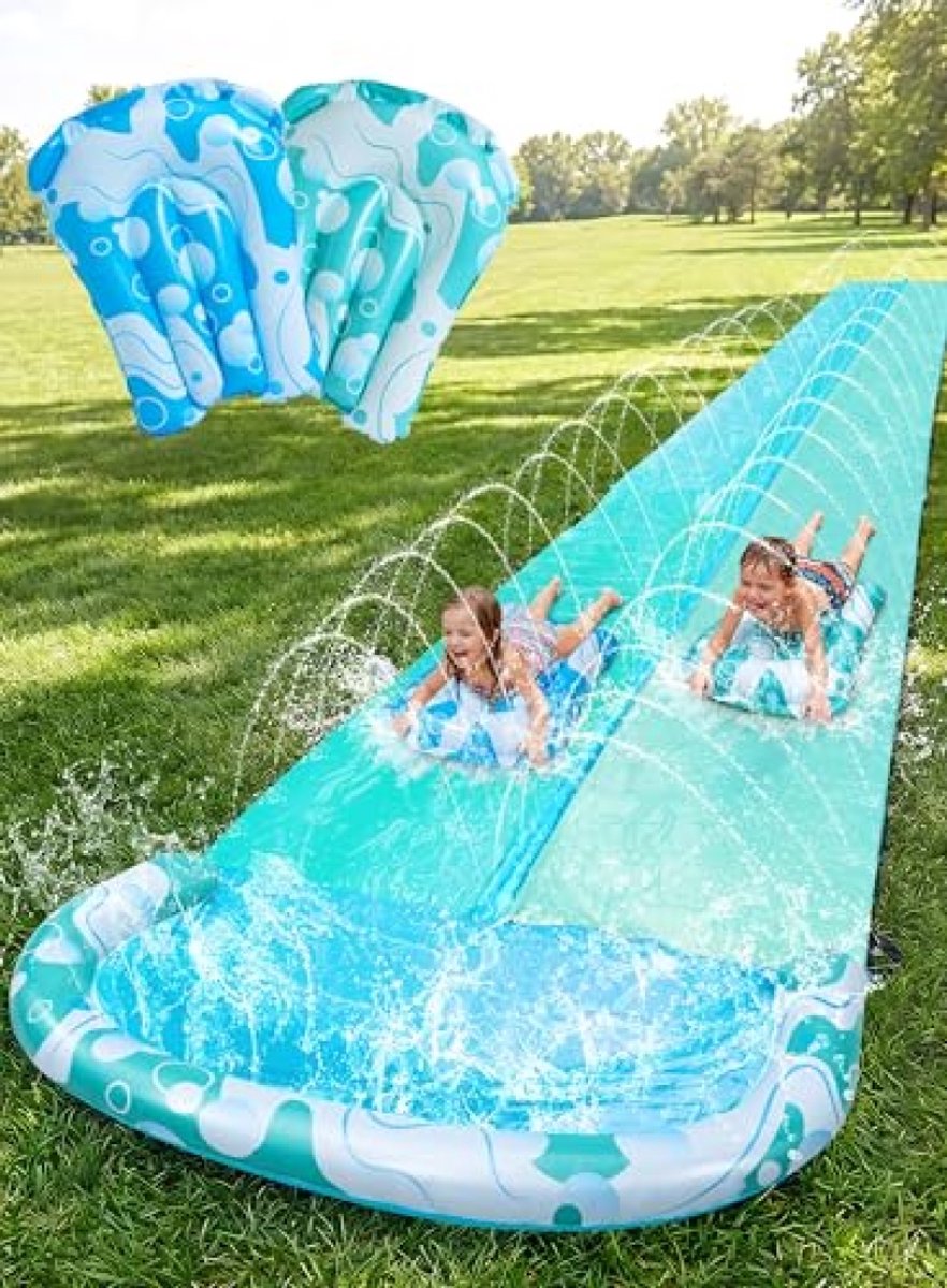 Extra lange dubbele waterglijbaan met sproeier en opblaasbare planken voor tuinplezier