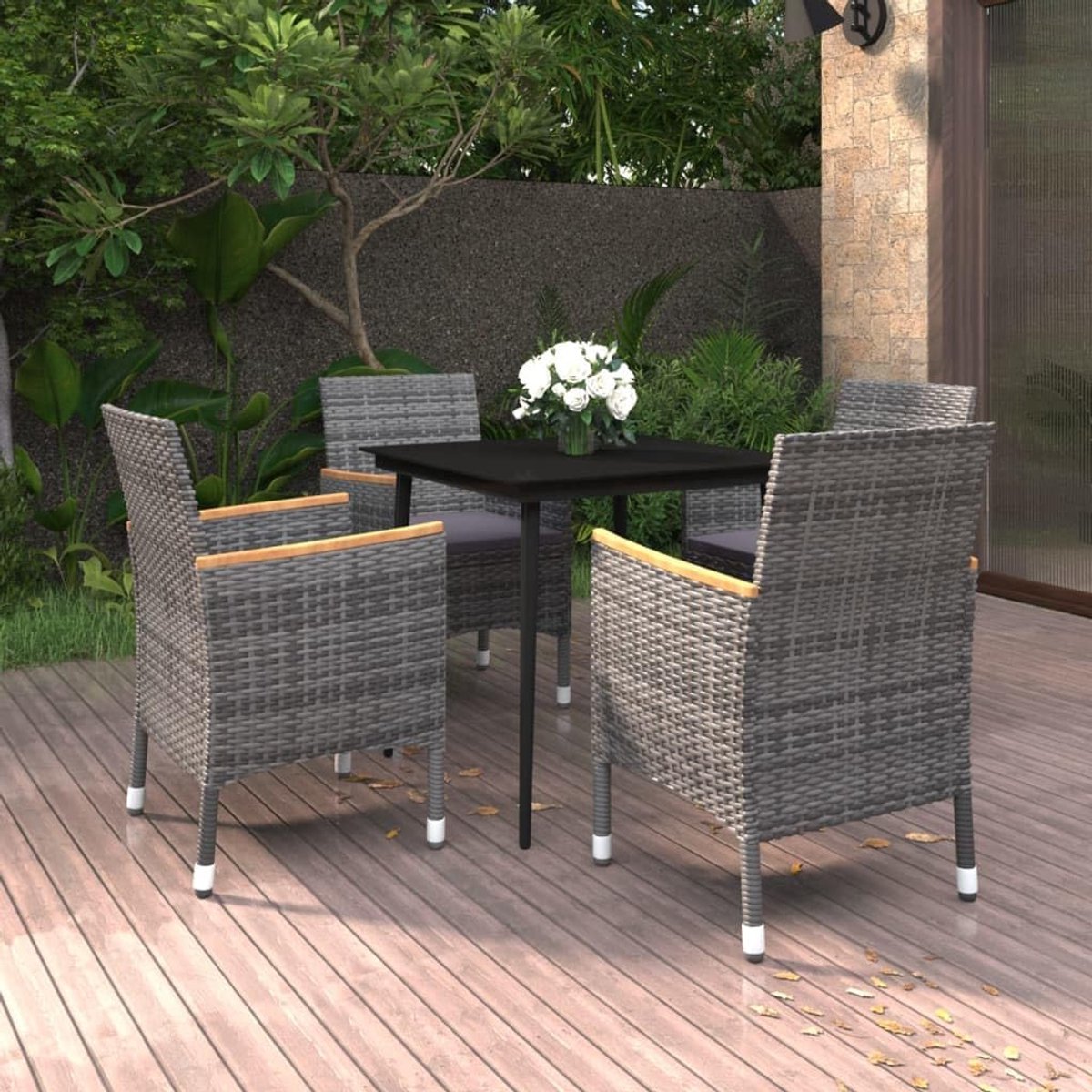 Tuin Eettafel Set 5-Delig met 4 Stoelen en Tafel 80x80x74 cm – Poly-Rattan Grijs met Kussens & Glasplaat – Balkon & Terras Meubelset Weerbestendig – Urbanhome