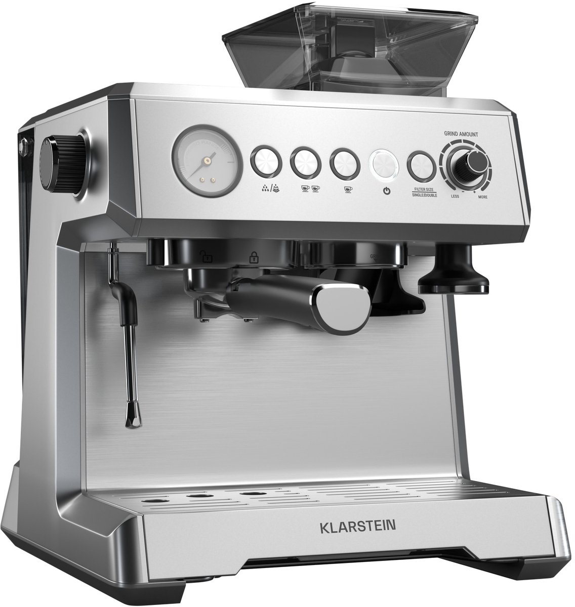 Klarstein GrandPresso Espressomachine - Precisiemolen - Stoompijpje - Portafilter - Drukindicator - 20 bar - Roestvrij staal - Drukpomp - RVS - Compact - Coffee Machine - Koffieautomaat